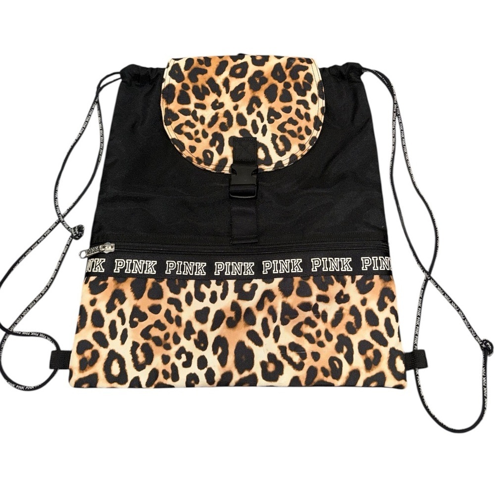 PINK Victoria’s Secret Black & Leopard Print Drawstring Backpack Shoulder Bag